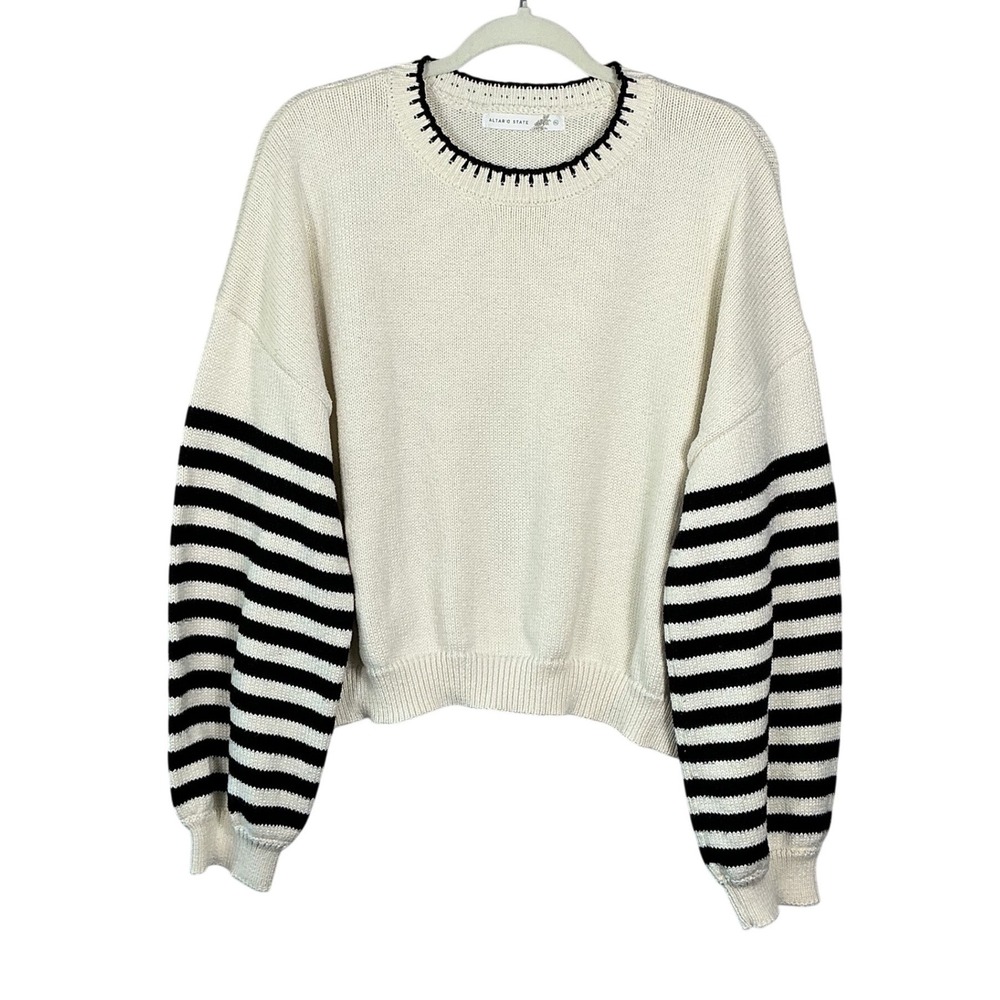 Altar'd State Cream Black Striped Sleeve Crewneck Sweater XL SYD6343JN